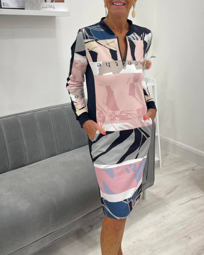 Vestido midi estampado para mujer con cremallera en el cuello - vestido de manga larga para el trabajo, salidas informales y entretiempo
