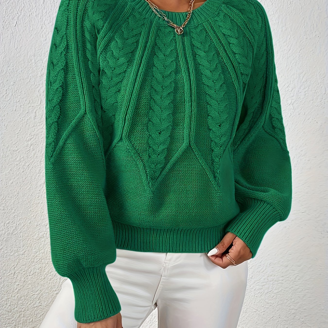 Dame Kabelstrikket Sweater Med Lanterneærmer Og Rund Hals