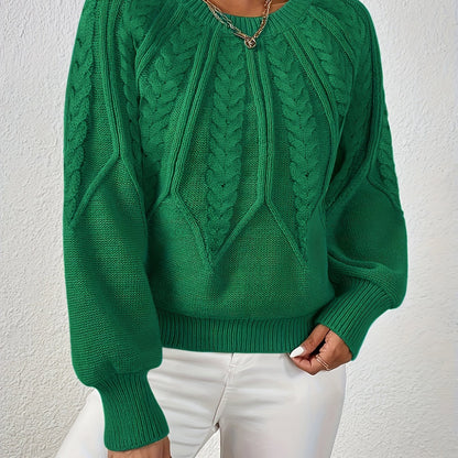 Dame Kabelstrikket Sweater Med Lanterneærmer Og Rund Hals