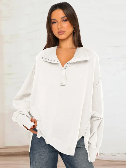 Dámská oversized mikina ve stylu Henley s viditelnými švy a balónovými rukávy – ležérní pulovr pro každodenní nošení, volný čas a ležérní styl