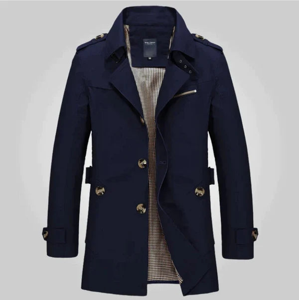 Pánský dvouřadý trenčkot střední délky s nárameníky a pásky na manžetách – elegantní kabát na míru na podzim, zimu, do kanceláře i ve stylu smart casual