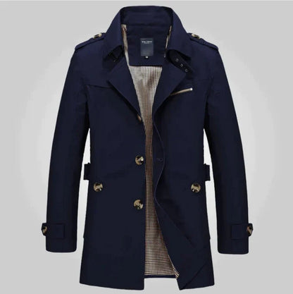 Pánský dvouřadý trenčkot střední délky s nárameníky a pásky na manžetách – elegantní kabát na míru na podzim, zimu, do kanceláře i ve stylu smart casual
