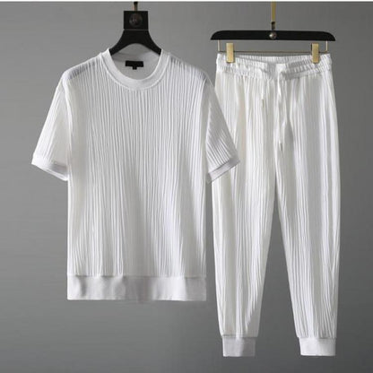 Conjunto de 2 piezas para hombre con camiseta plisada y pantalones jogger relajados - Conjunto casual texturizado para el día a día, el tiempo libre y la relajación
