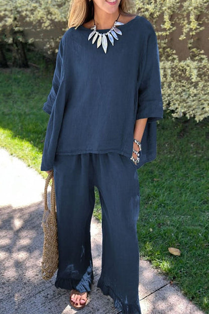 Women's cotton and linen 2-piece set with 3/4-sleeve top and ruffle trim - relaxed wide-leg pants set for summer, everyday wear, and vacation