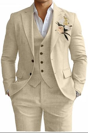 Costum bărbătesc din trei piese, din amestec de in, cu croială slim fit - costum lejer și elegant pentru nunți de vară și ocazii festive