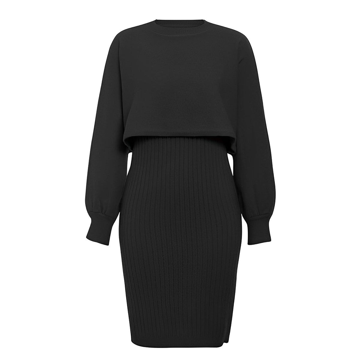 Dame Strikket 2-delt Sæt Med Cropped Sweater, Lanternærmer Og Ribstrikket Midinederdel – Varmt Striksæt Til Efterår, Vinter Og Hverdagsbrug