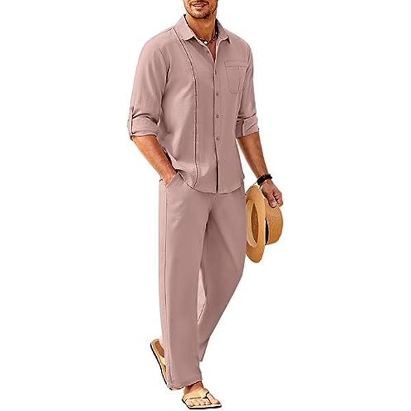 Pánský letní lněný komplet s košilí s dlouhým rukávem a kalhotami - lehký a pohodlný outfit na teplé dny, dovolenou i léto
