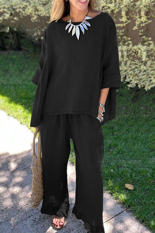 Women's cotton and linen 2-piece set with 3/4-sleeve top and ruffle trim - relaxed wide-leg pants set for summer, everyday wear, and vacation