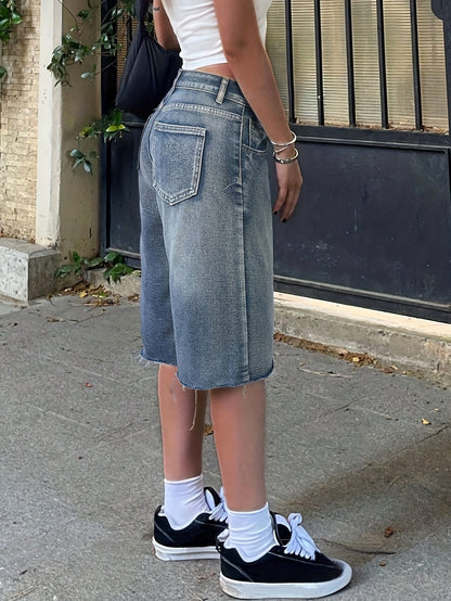 Dame Denimshorts Med Høj Talje Og Brede Ben – Afslappede Knælange Jorts Til Sommer, Ferie, Hverdagsbrug Og Casual Outfits