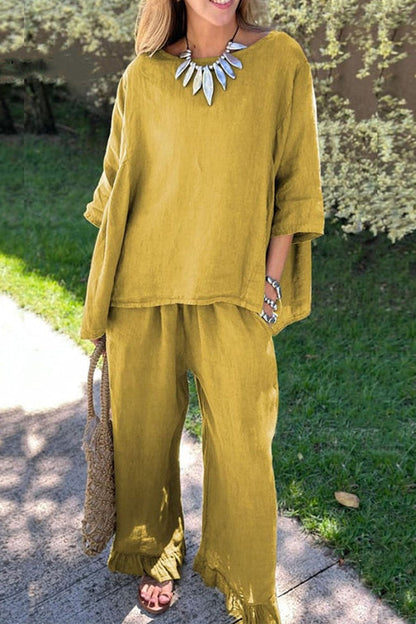 Women's cotton and linen 2-piece set with 3/4-sleeve top and ruffle trim - relaxed wide-leg pants set for summer, everyday wear, and vacation