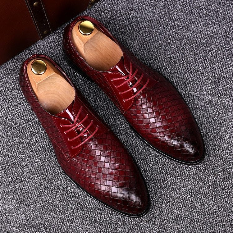 Pánské tkané kožené derby boty s tkaničkami a špičatou špičkou – boty s texturou a nízkým podpatkem do kanceláře, na večírek i ve stylu smart casual