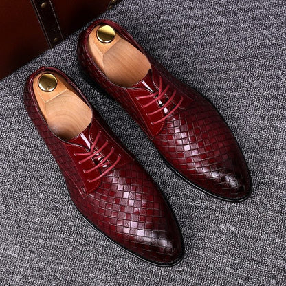 Pánské tkané kožené derby boty s tkaničkami a špičatou špičkou – boty s texturou a nízkým podpatkem do kanceláře, na večírek i ve stylu smart casual
