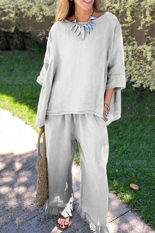Women's cotton and linen 2-piece set with 3/4-sleeve top and ruffle trim - relaxed wide-leg pants set for summer, everyday wear, and vacation