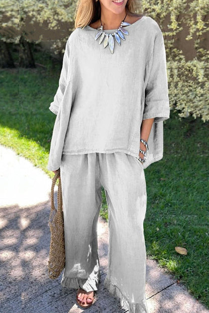 Women's cotton and linen 2-piece set with 3/4-sleeve top and ruffle trim - relaxed wide-leg pants set for summer, everyday wear, and vacation