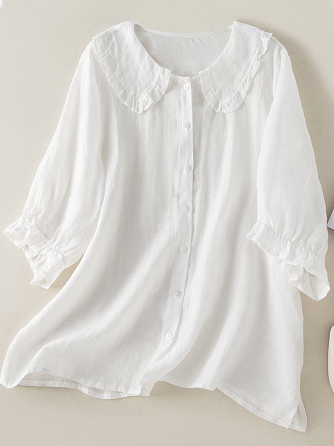 Women's Blouse with a Ruffled Collar – Casual Top with a Front Button Closure and Three-Quarter Sleeves
