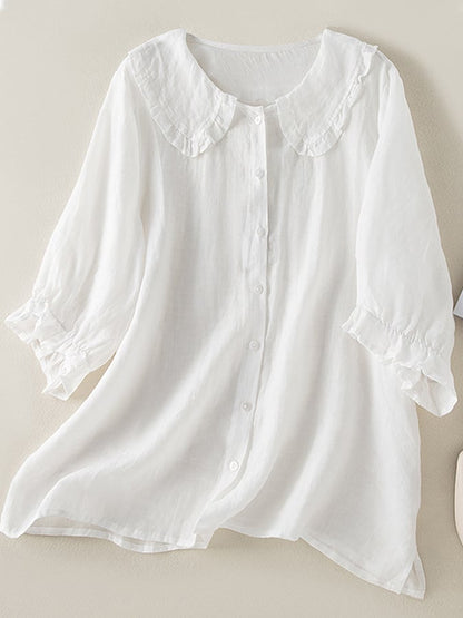 Women's Blouse with a Ruffled Collar – Casual Top with a Front Button Closure and Three-Quarter Sleeves