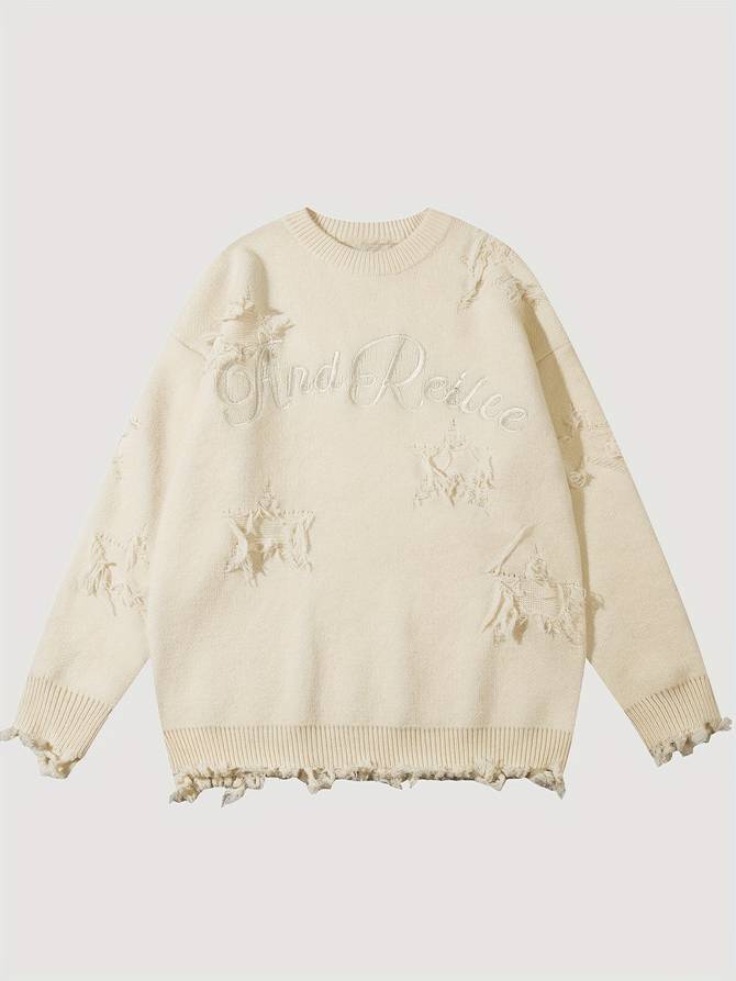 Dámský oversized pletený svetr s výšivkou a distressed detaily – pulovr s třásňovými detaily pro každodenní nošení, volný čas a moderní styl