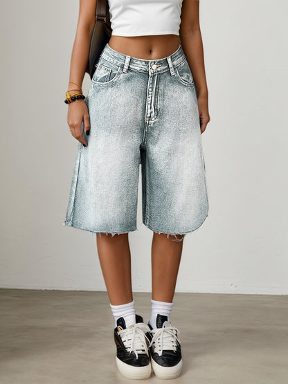 Dame Denimshorts Med Høj Talje Og Brede Ben – Afslappede Knælange Jorts Til Sommer, Ferie, Hverdagsbrug Og Casual Outfits