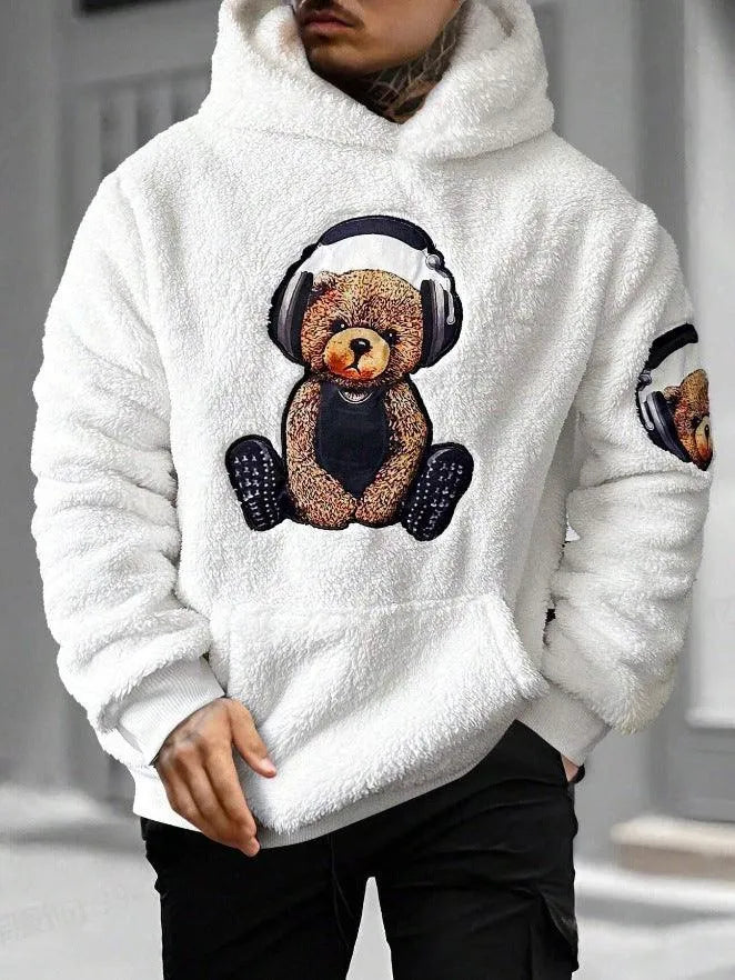 Herre Teddy-fleece Hættetrøje Med Bjørneprint – Blød Og Varm Pullover Til Vinter, Hverdagsbrug Og Fritid