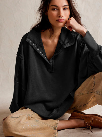 Dámská oversized mikina ve stylu Henley s viditelnými švy a balónovými rukávy – ležérní pulovr pro každodenní nošení, volný čas a ležérní styl
