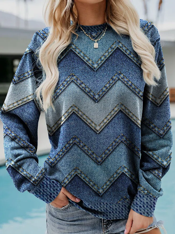 Dame Sweatshirt Med Print, Rund Hals Og Lange Ærmer – Afslappet Pullover Til Hverdagsbrug, Fritid Og Casual Stil
