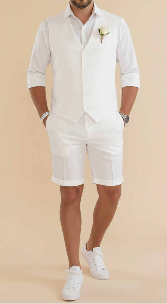Conjunto de verano para hombre con chaleco entallado y pantalones cortos – Elegante atuendo de estilo elegante informal para bodas, vacaciones y eventos sociales