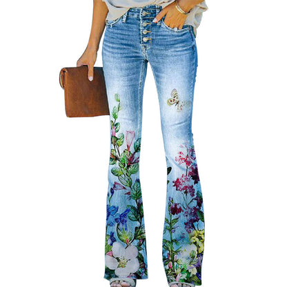Women's High-Waisted Jeans with Floral Print and Wide Legs – Retro Denim for Everyday Wear, Leisure, Festivals, and Smart-Casual Style
