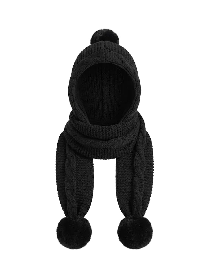 Eșarfă-cagulă tricotată de damă, cu design chunky și șnururi cu ciucuri mari – accesoriu de iarnă călduros pentru zile reci, purtare zilnică și timp liber