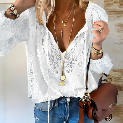 Women's lace blouse with a neck tie and sheer long sleeves - romantic top with embroidered details for elegant outfits and special occasions