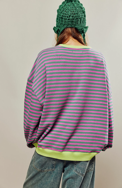Women's Oversized Striped Sweatshirt with Dropped Shoulders - Relaxed Pullover for Everyday Wear, Leisure, and Layering