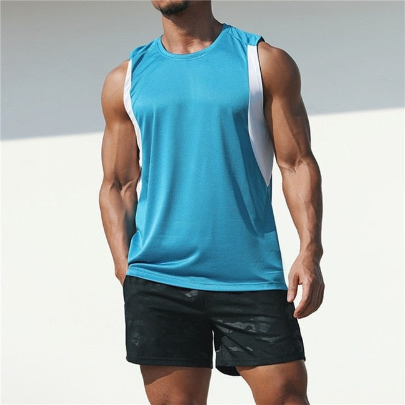 Camiseta deportiva color block para hombre, sin mangas, con cuello redondo y amplias sisas - camiseta de tirantes informal para entrenamiento, fitness, running y tiempo libre