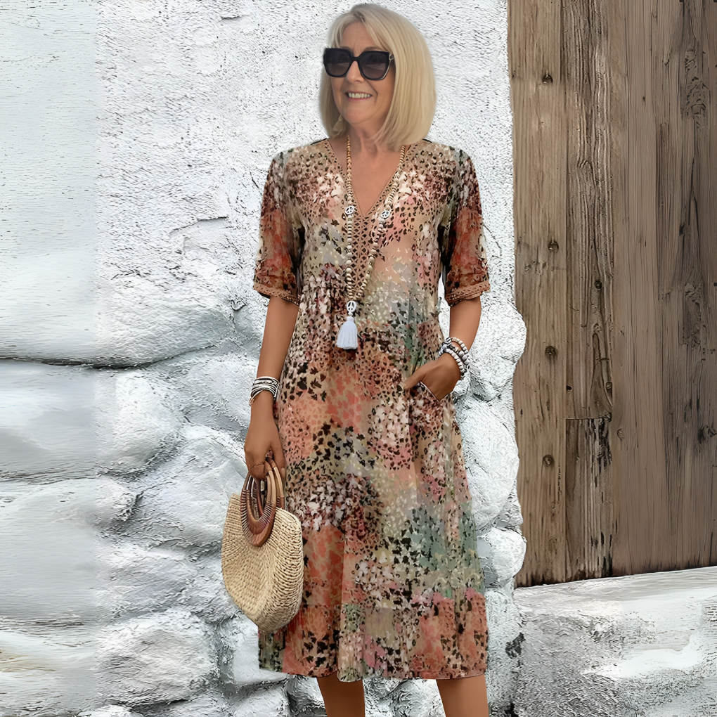 Women's Printed Midi Dress with V-Neck – Casual Dress for Everyday Wear, Holidays, Leisure, and Smart Casual Style