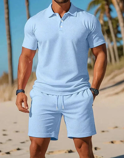 Herre Strikket Polo Og Shorts Co-Ord Sæt Til Hverdag Og Ferie