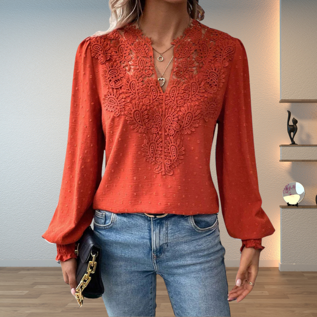 Women's Blouse with Lace Trim and V-Neck – Textured Long-Sleeve Top for Elegant Everyday Wear