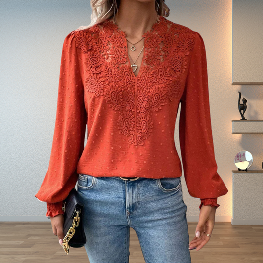 Women's Blouse with Lace Trim and V-Neck – Textured Long-Sleeve Top for Elegant Everyday Wear