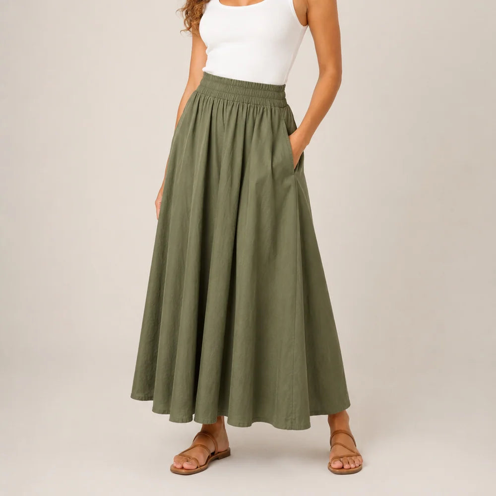 Falda larga de línea A para mujer, de cintura alta, con cintura elástica y corte largo y fluido - falda cómoda para el trabajo, el uso diario y el tiempo libre