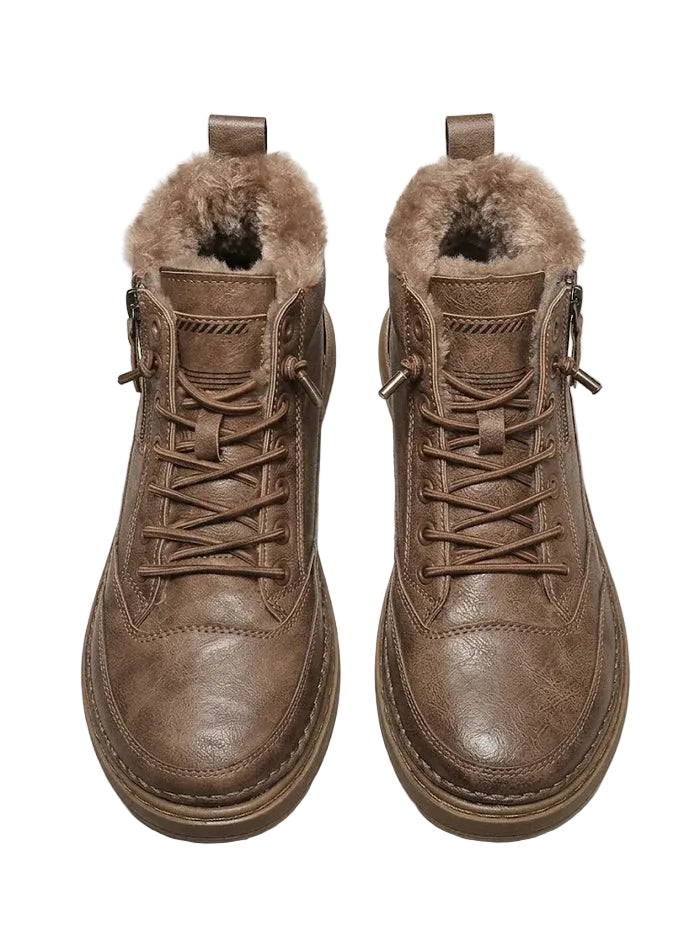 Botines de cuero para hombre con forro de piel, cordones y suela de plataforma - botas de invierno cálidas para días fríos, uso diario y tiempo libre