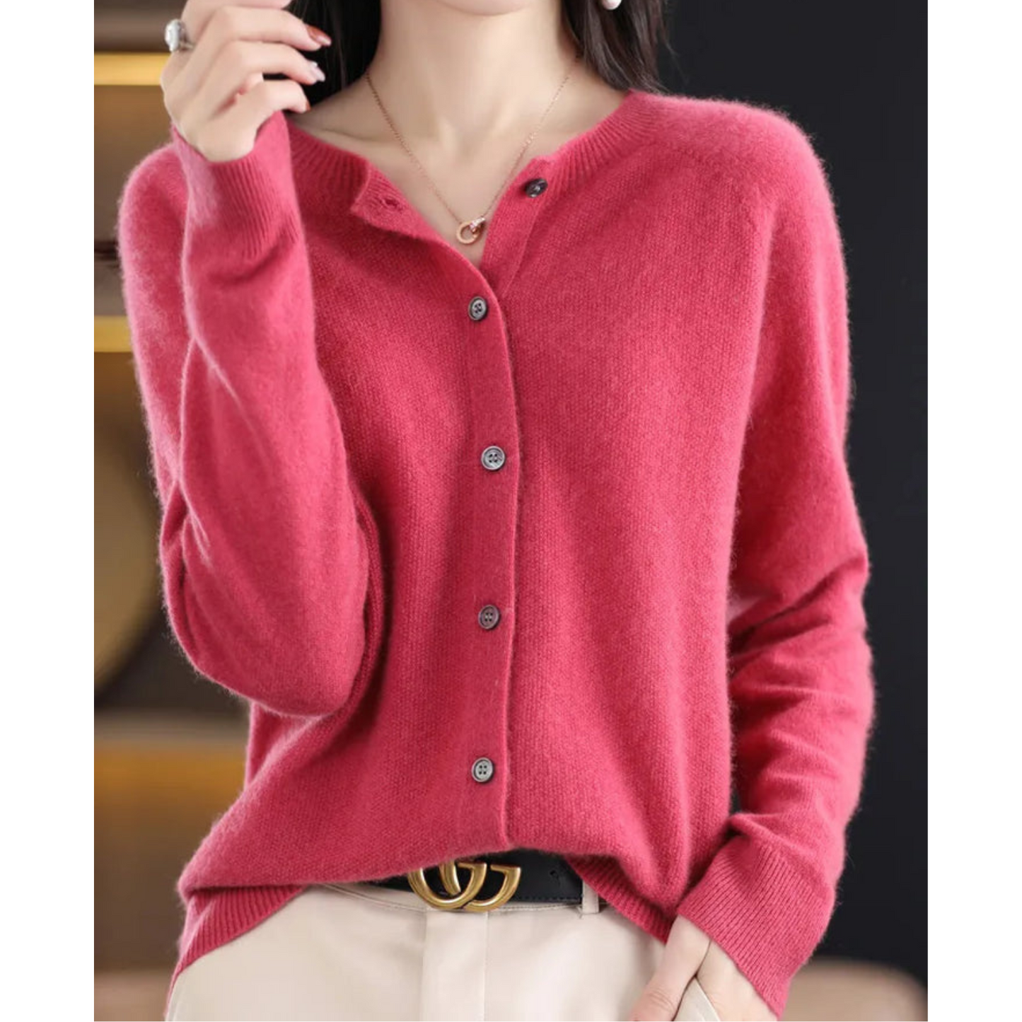 Cardigan de damă din lână merinos și cașmir – tricot elegant cu guler rotund pentru iarnă, birou, purtare zilnică și ocazii festive
