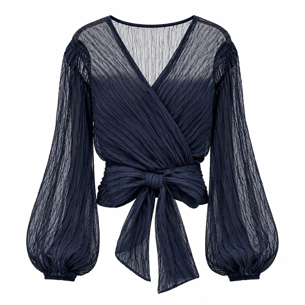 Women's wrap blouse with V-neck and pleated long sleeves - elegant top with a front tie for stylish everyday wear and smart-casual outfits