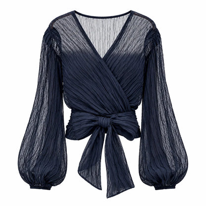 Women's wrap blouse with V-neck and pleated long sleeves - elegant top with a front tie for stylish everyday wear and smart-casual outfits