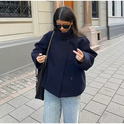 Women's Casual Cropped Jacket – Asymmetrical High-Neck Layer for Smart-Casual Wear