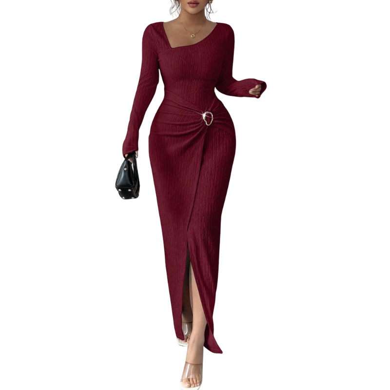 Maxivestido ajustado para mujer con fruncidos, escote cuadrado y abertura - Elegante vestido de manga larga para fiestas y eventos nocturnos