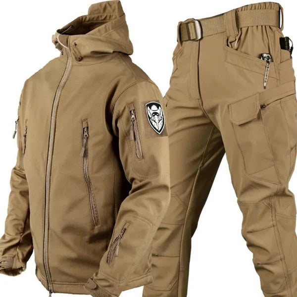 Conjunto outdoor cortavientos para hombre con capucha, chaqueta utilitaria y pantalones cargo - Conjunto resistente al agua para senderismo, tiempo libre y actividades al aire libre
