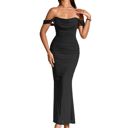 Women's Off-the-Shoulder Maxi Dress with Gathered Details - Fitted, Elegant Dress for Parties, Formal Events, and Romantic Evenings