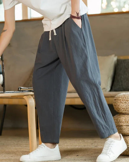 Men's Casual Cotton Trousers with Drawstring Closure and Tapered Fit – Comfortable Trousers for Everyday Wear, Leisure, Vacations, and Smart Casual Style
