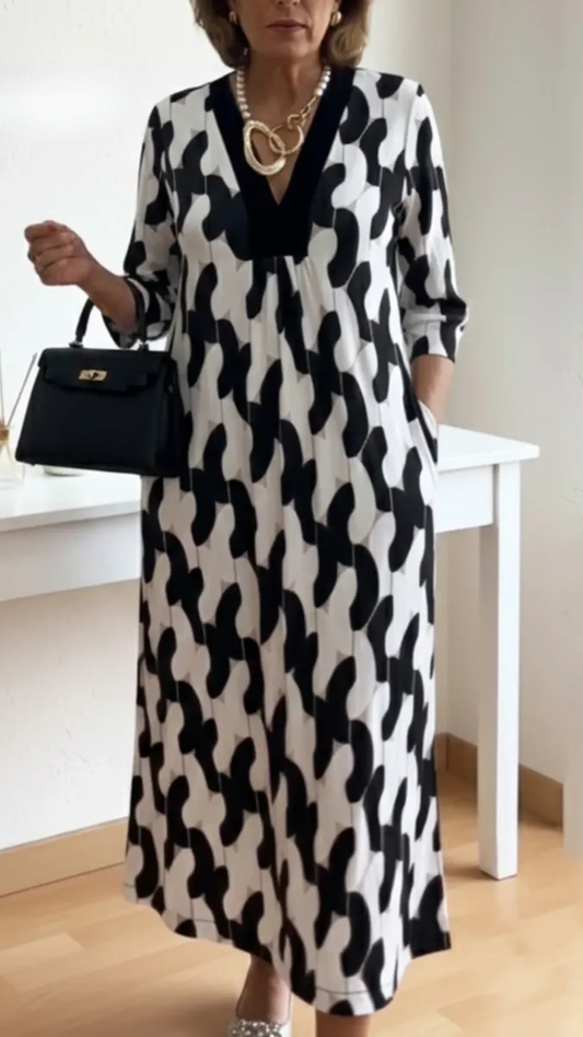 Rochie maxi damă imprimată, cu decolteu în V și mâneci trei sferturi