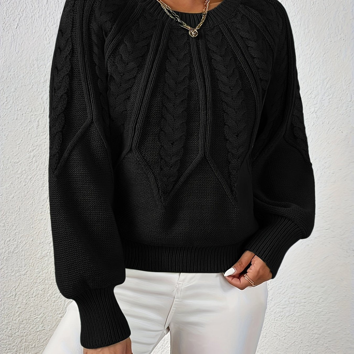 Dame Kabelstrikket Sweater Med Lanterneærmer Og Rund Hals