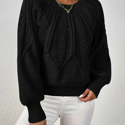 Dame Kabelstrikket Sweater Med Lanterneærmer Og Rund Hals