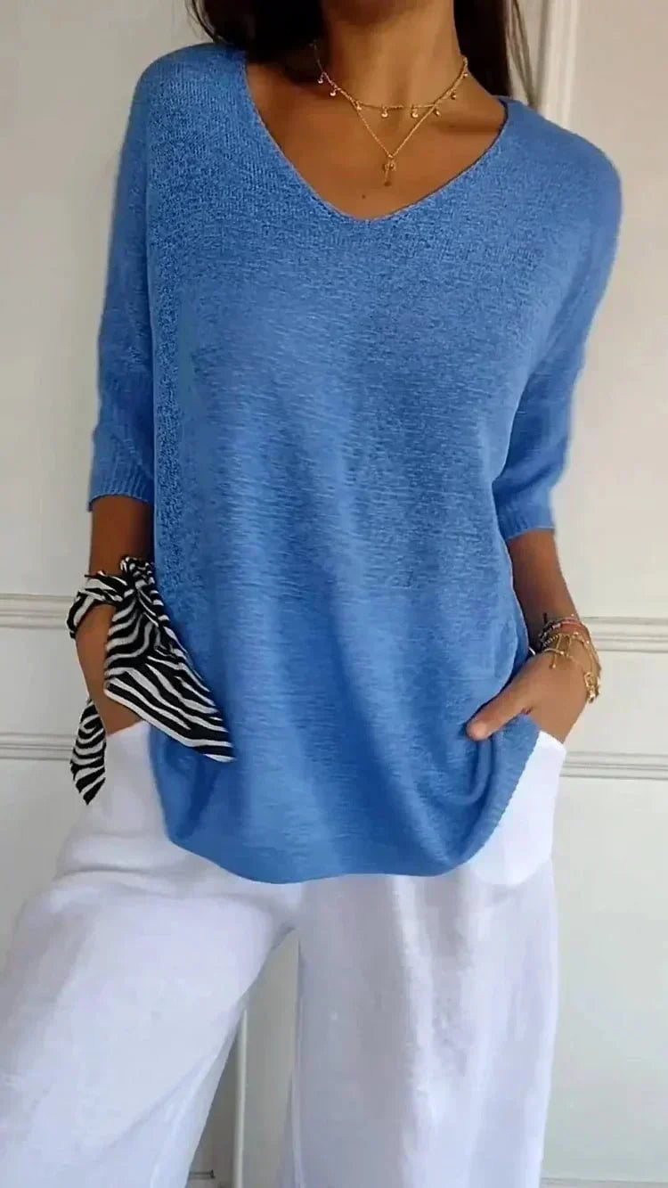 Women's Loose-Fit V-Neck Knit Top – Lightweight and Long Knitwear for Everyday Wear, Leisure and Smart Casual Style