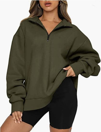 Dame Oversized Half-zip Sweatshirt Med Krave Og Lange Ærmer – Afslappet Pullover Til Hverdagsbrug, Fritid Og Lag-på-lag Styling